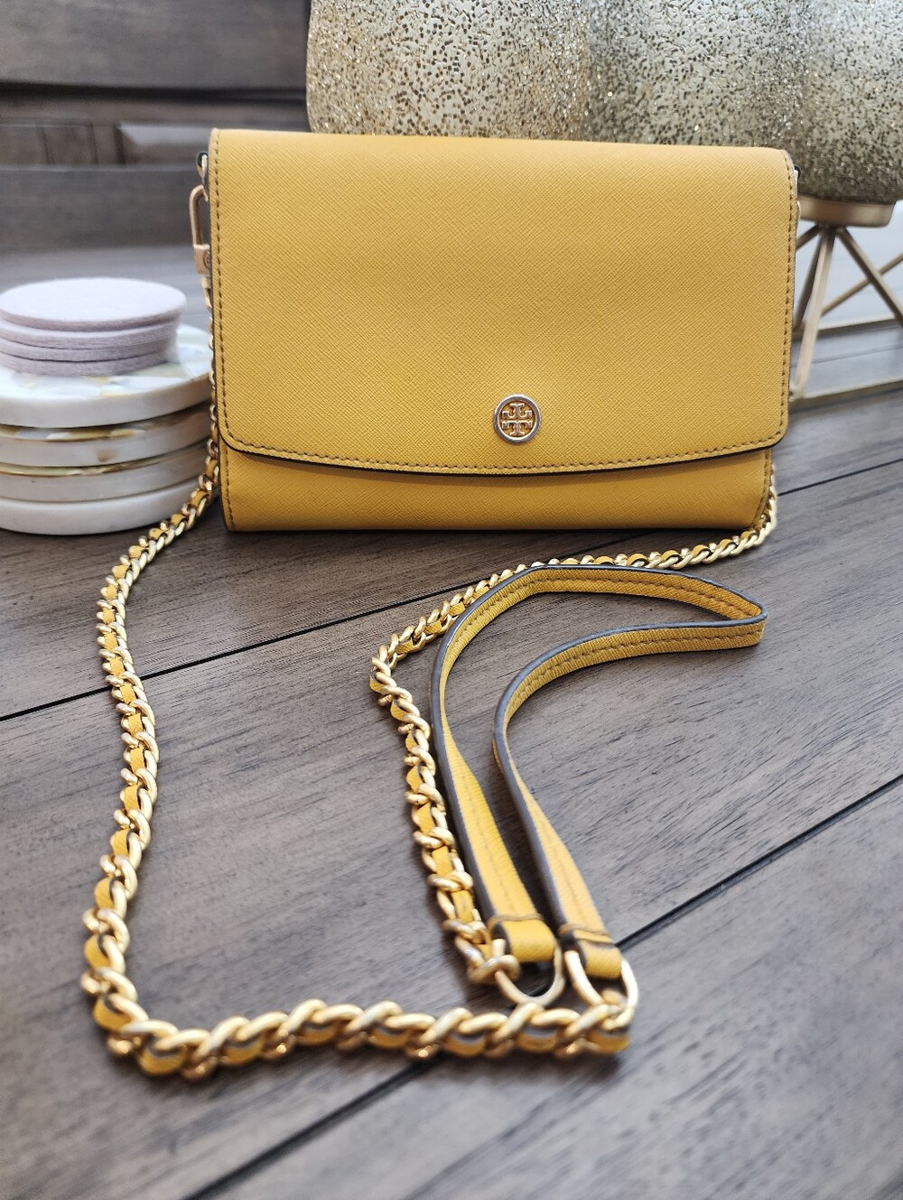Tory Burch Yellow Leather Fold-Over Crossbody Bag